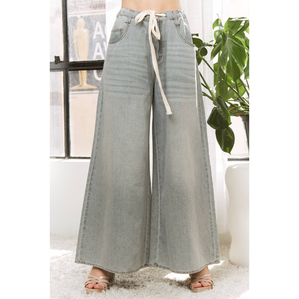 DENIM WIDE LEG OPENING PANTS WITH DRAWSTRING