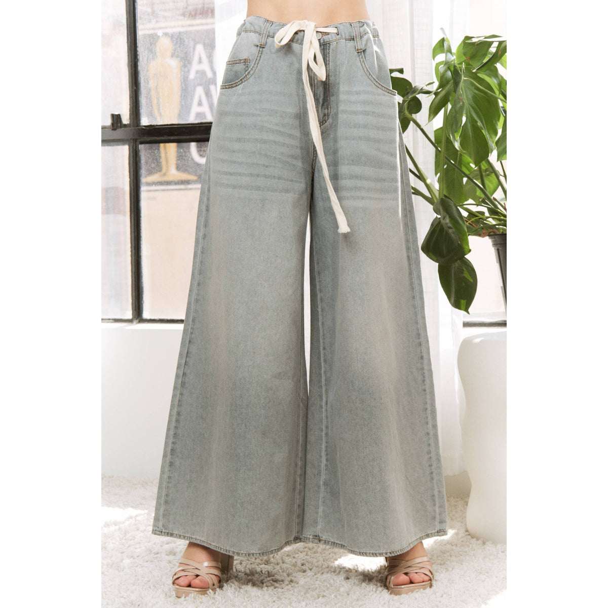 DENIM WIDE LEG OPENING PANTS WITH DRAWSTRING