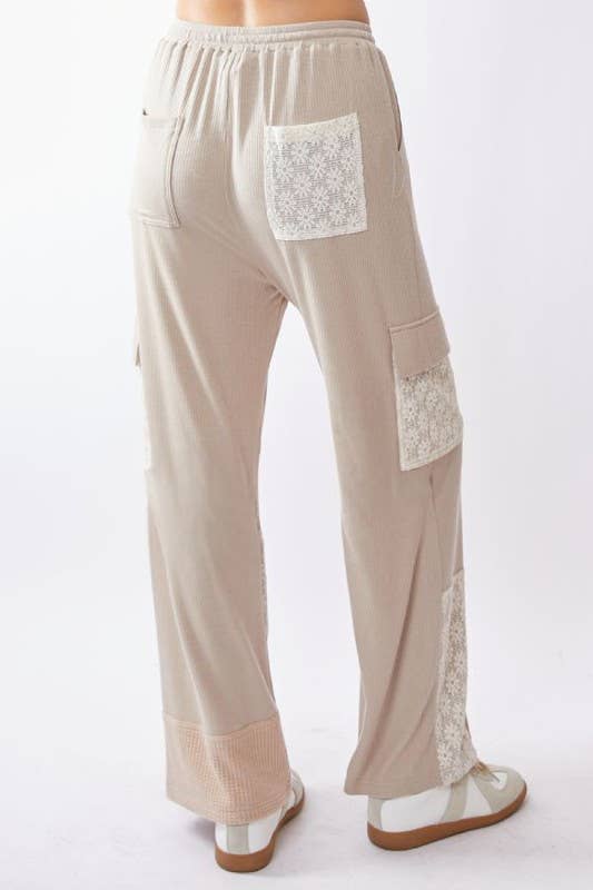Lace Patchwork Knit Wide-Leg Cargo Pants