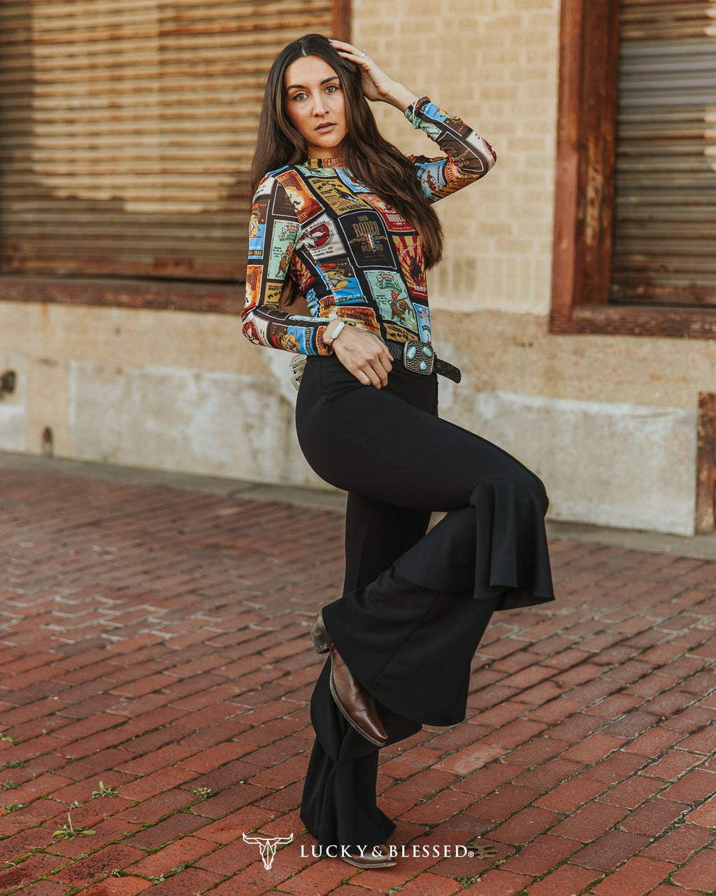 Black Stretchy Flare Pants With Ruffle