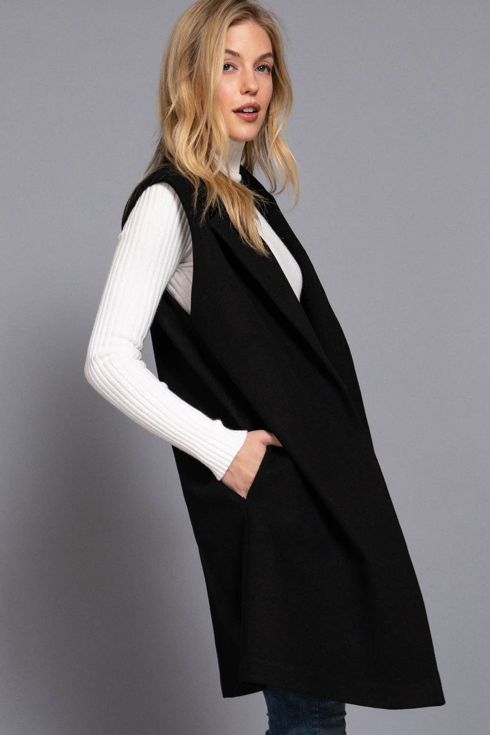 Sleeveless Notched Collar Soft Open Vest