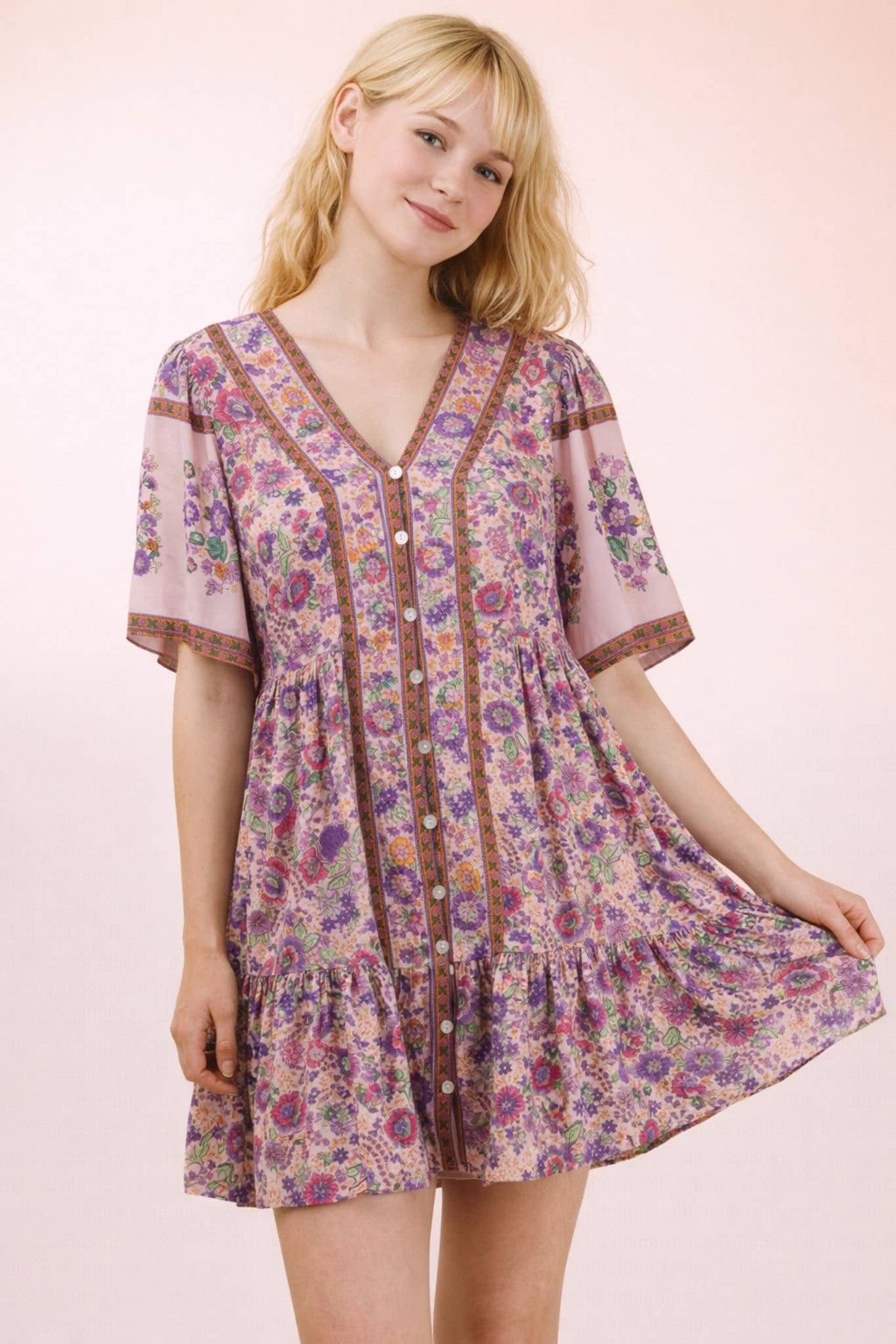 Shirring Detail Printed Woven Mini Dress