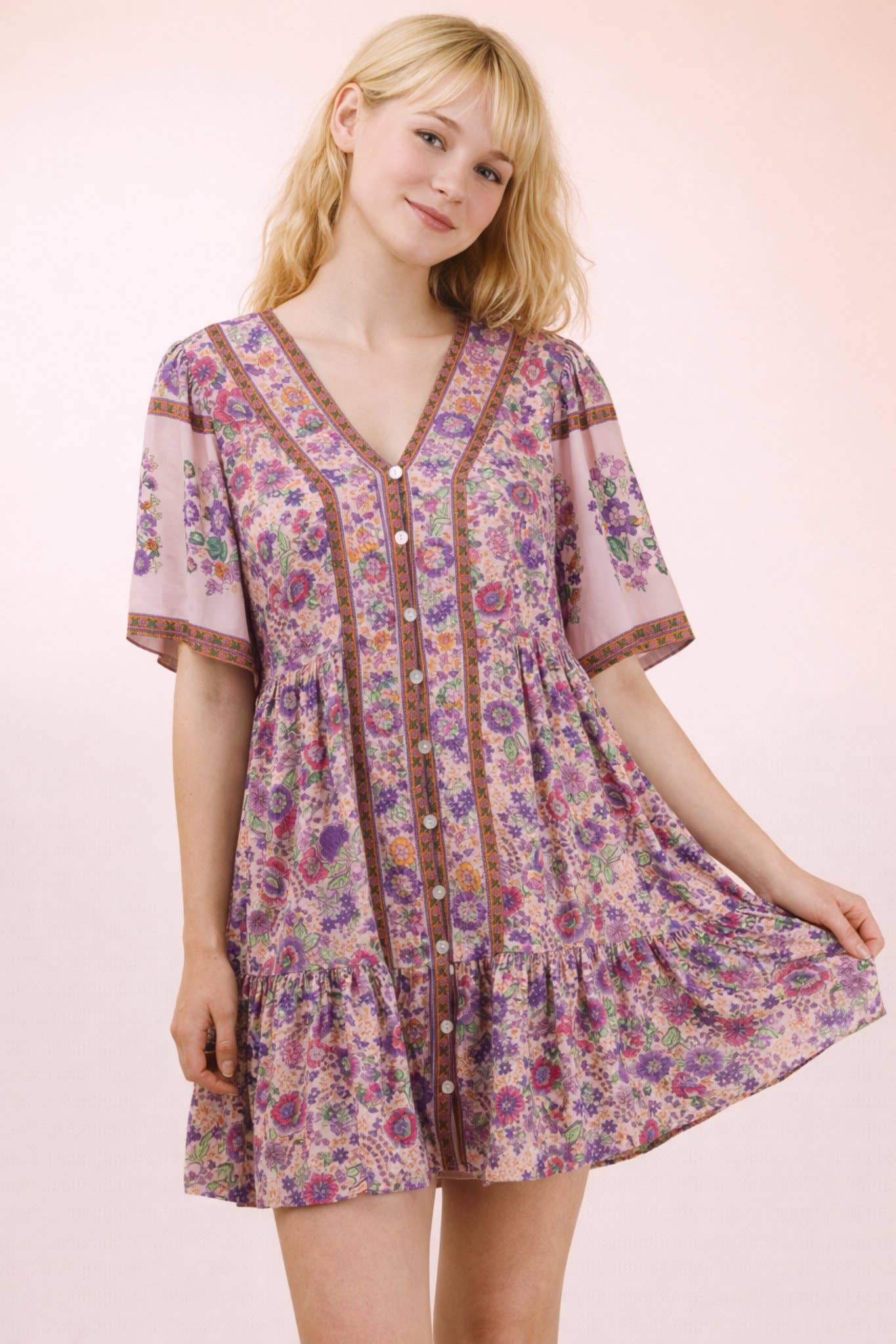 Shirring Detail Printed Woven Mini Dress