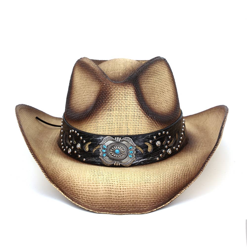 Silver Concho Turquoise Band Straw Cowboy Hat