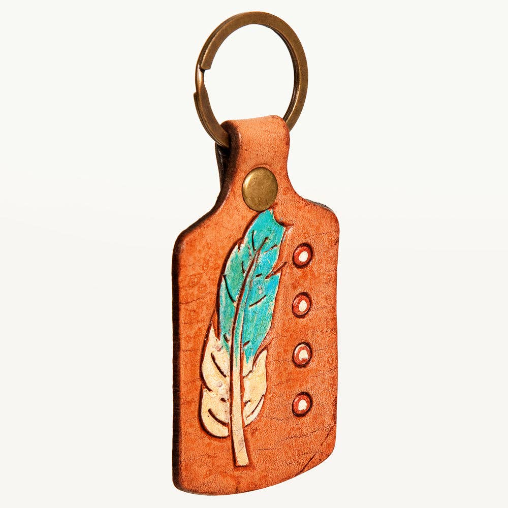 Hand-Tooled Leather Feather Keyring   Teal & Ivory with Dot Accents