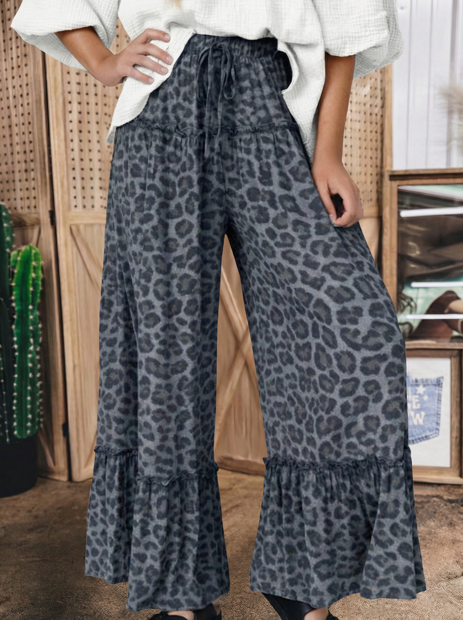 Western LeopardPrint Frilled Detail Drawstring Pants