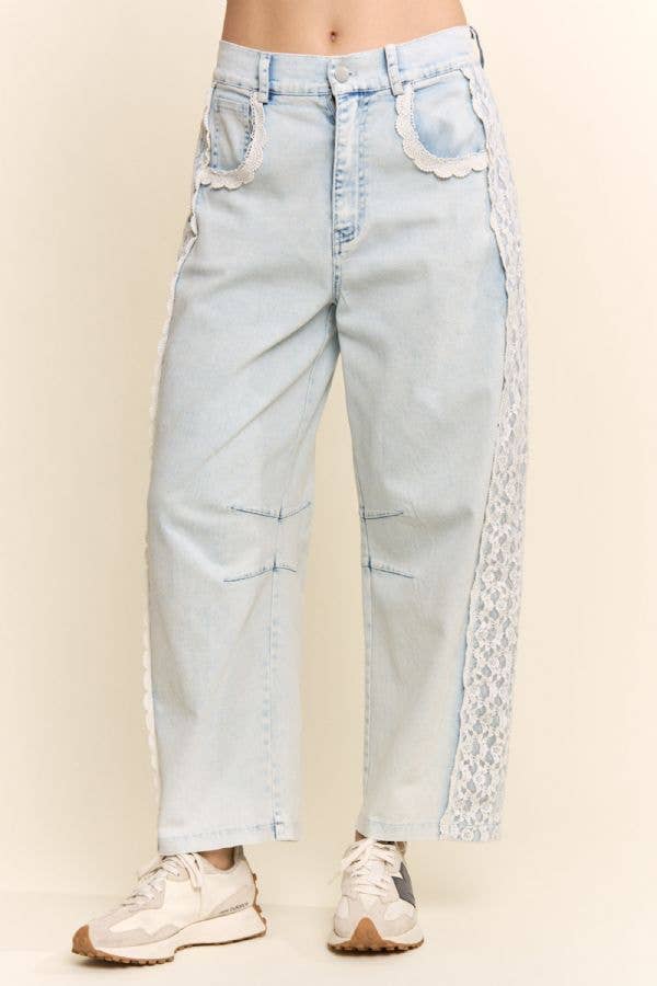 High-Waist Lace-Trim Baggy Jeans