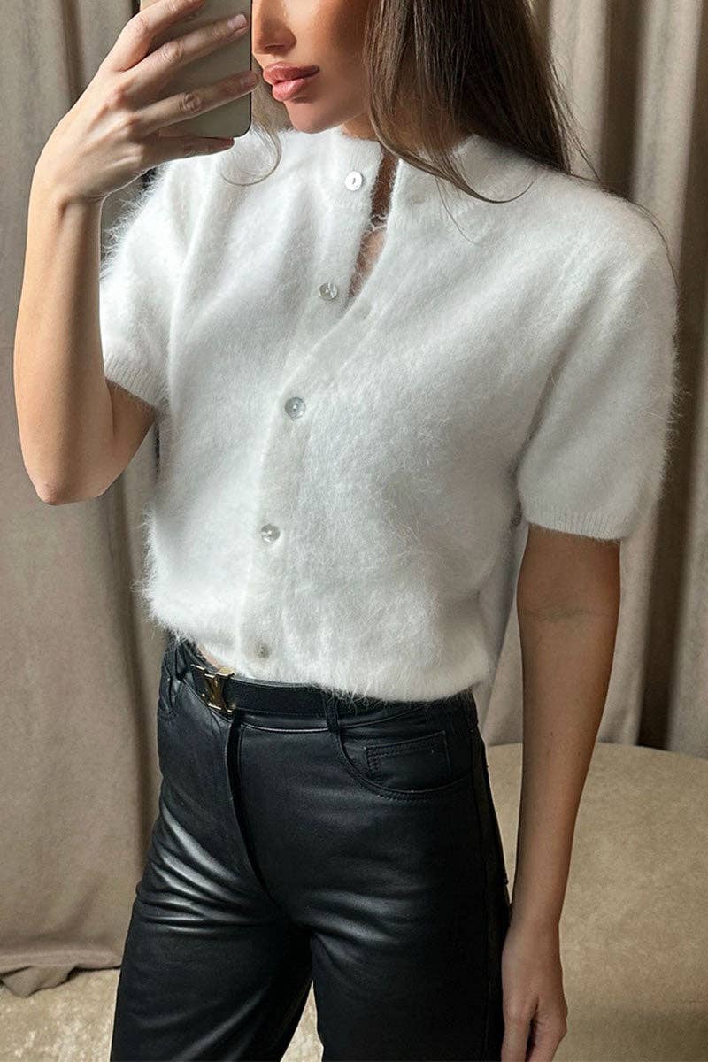 Mock Neck Short Sleeve Button Front Cardigan