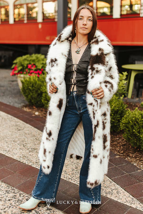Brown Cow Long Sleeve Fur Trench Coat