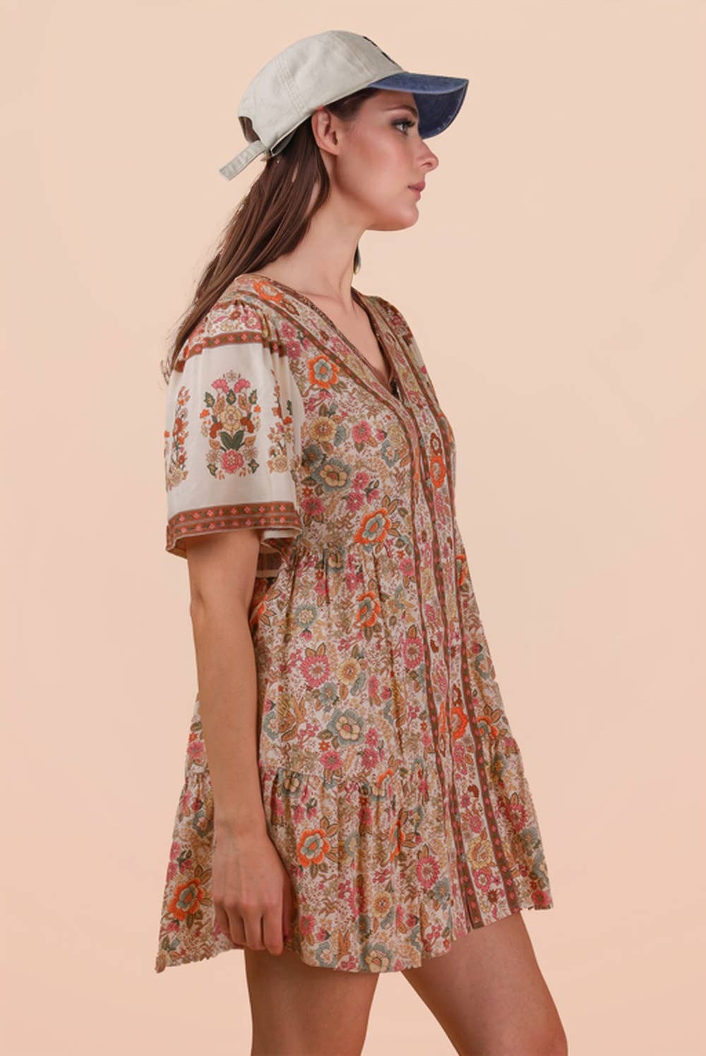 Shirring Detail Printed Woven Mini Dress