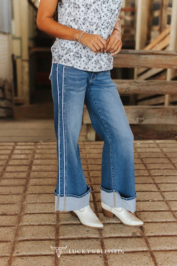 Mid Wash Cuffed Wide Leg Contrast Piping Jeans (30 in)