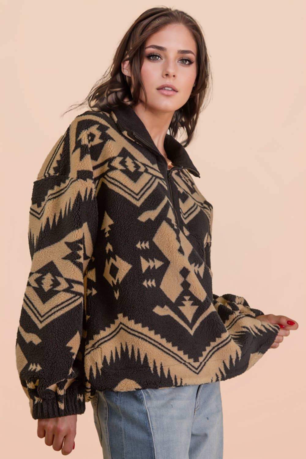 Half Zip Up Aztec & Teddy Bear Graphic Fleece Top