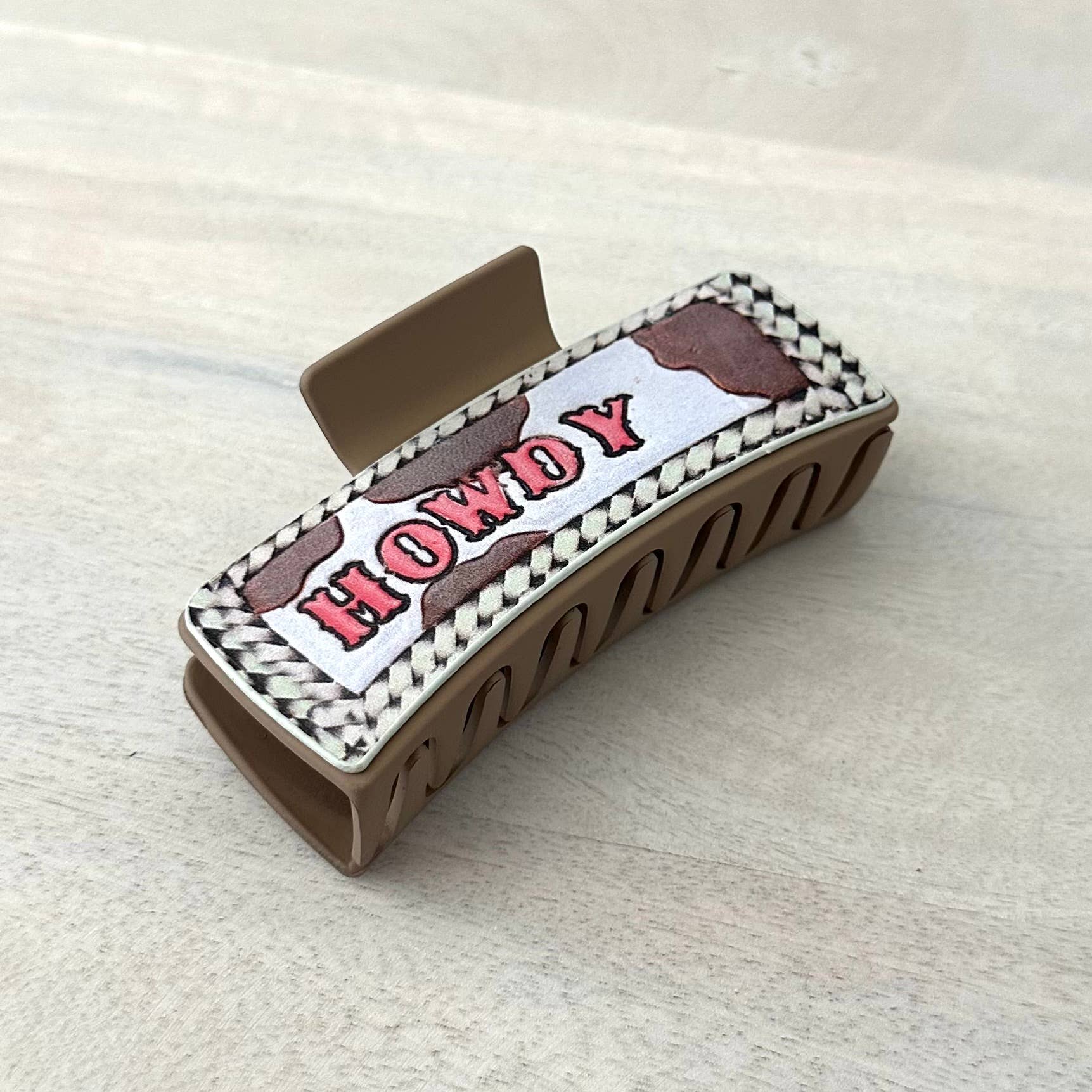 Western Hair Clip Leather Claw Pink "Howdy"