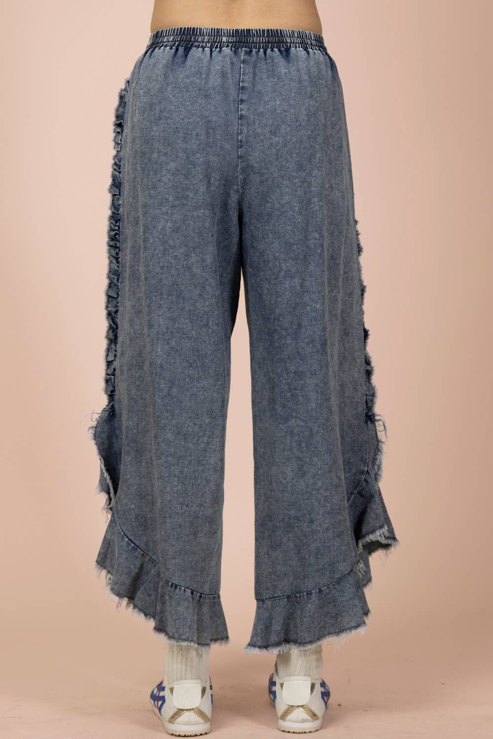 Ruffle Frayed Hem Washed Chambray Pants