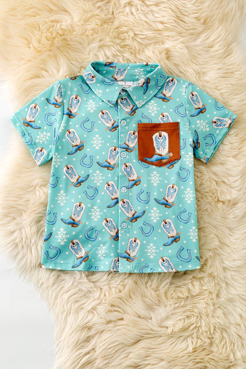 Aqua western boot printed button up shirt with side pocket.