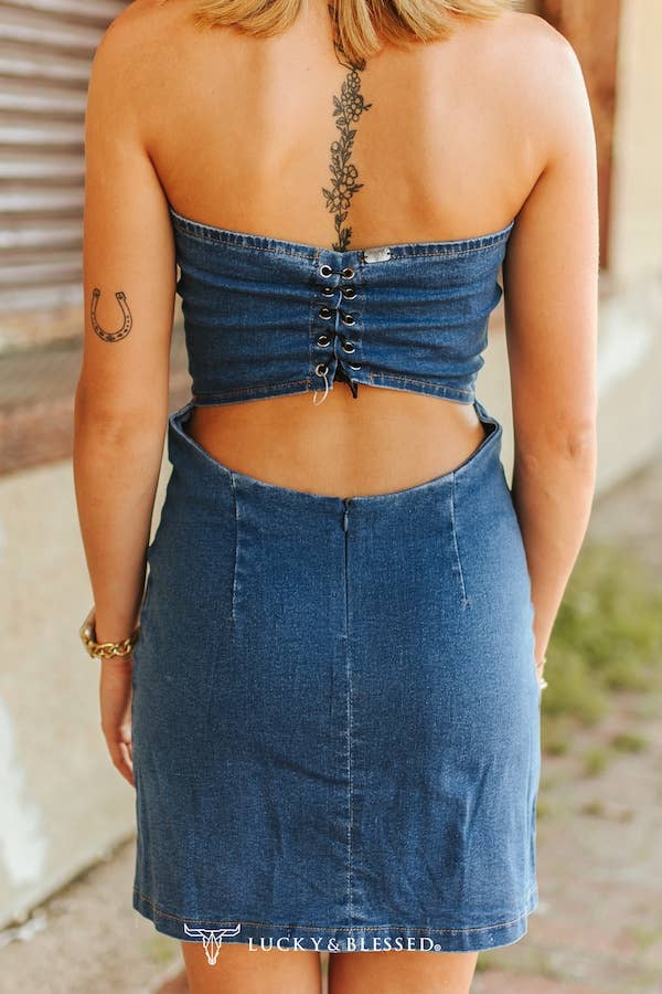 Mid Wash Ivory Stretch Denim Bootstitch Corset Dress
