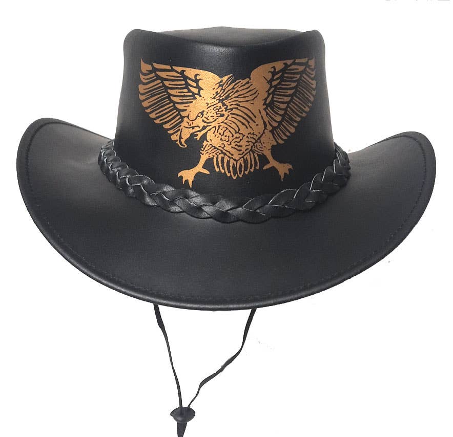 GENUINE LEATHER EAGLE EMBOSSED COWBOY HAT- BLACK
