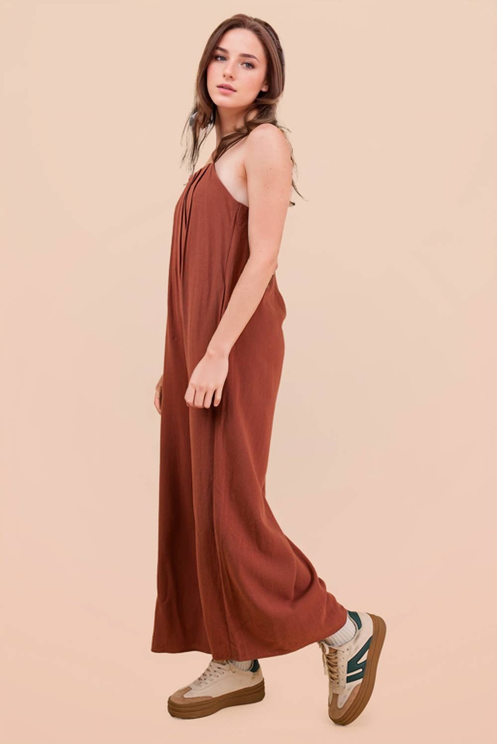 Pleated Solid Woven Sleeveless Jumpsuit