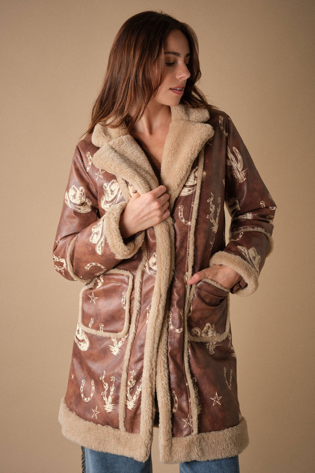 Western Printed Faux Leather Coat