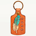 Hand-Tooled Leather Feather Keyring   Teal & Ivory with Dot Accents