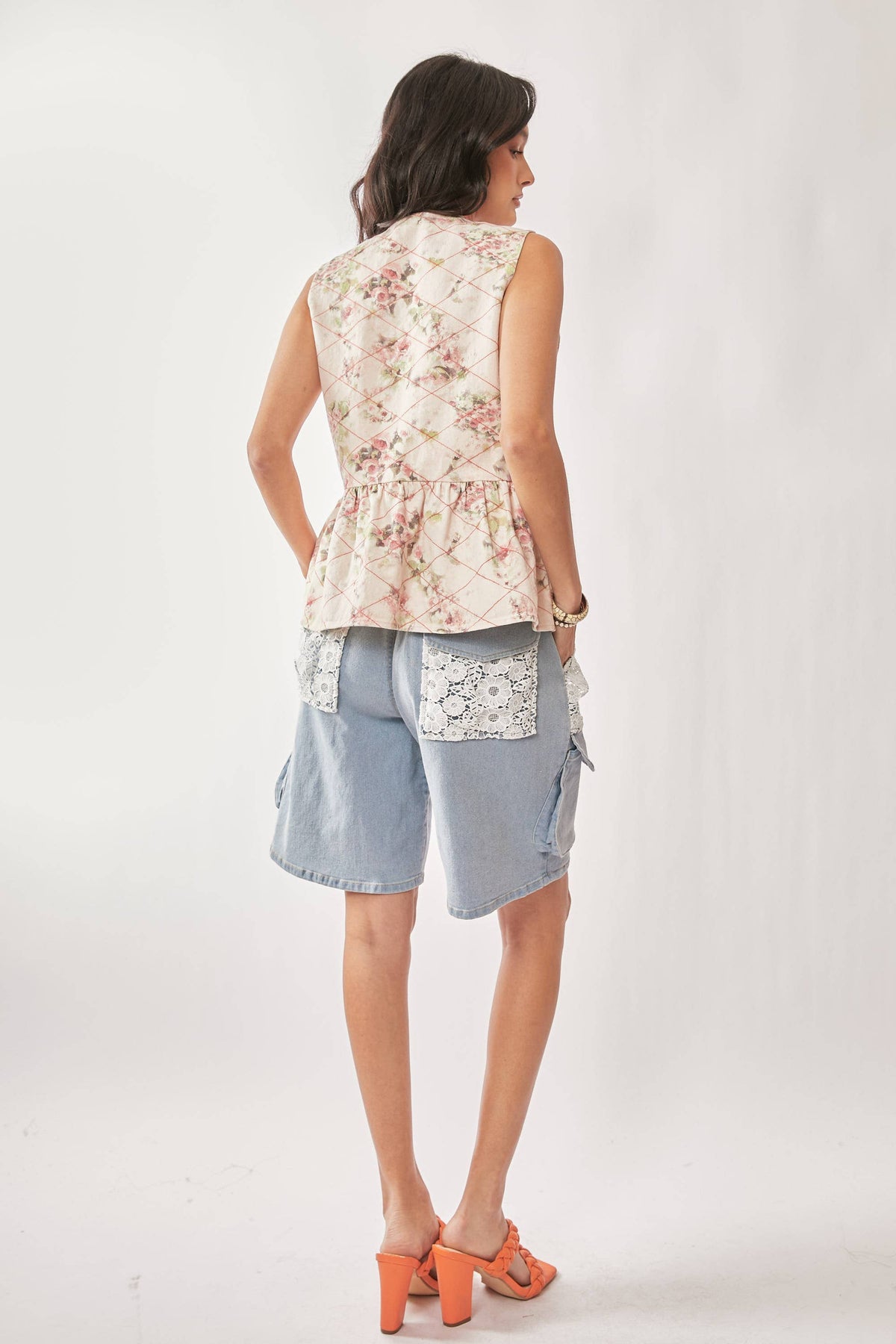 Garden Floral Print Tie Front Peplum Vest Top