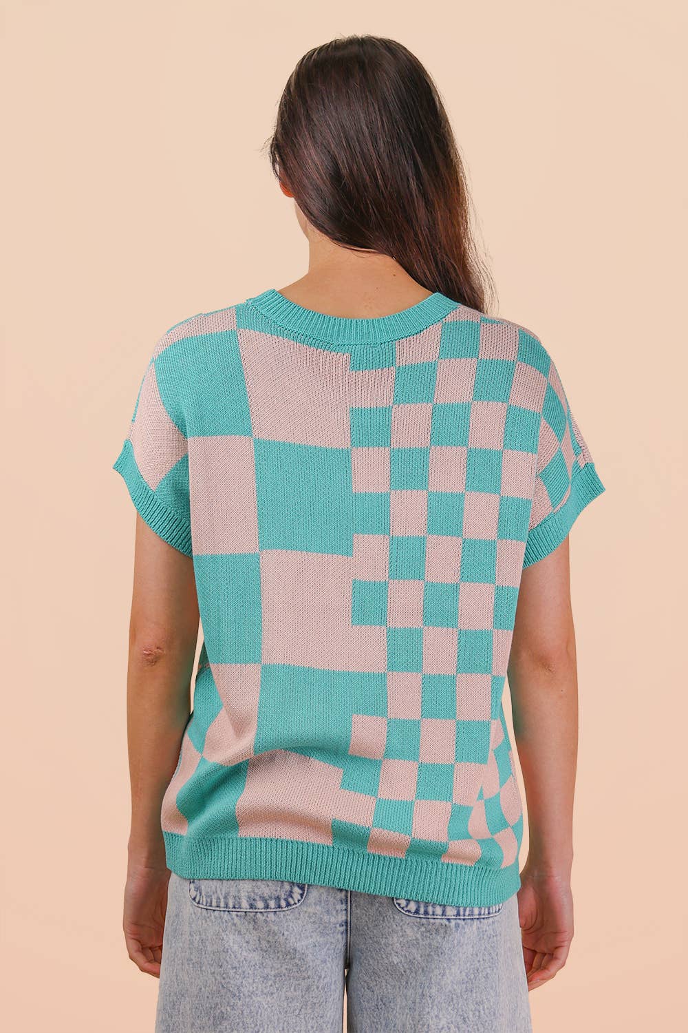 Dolmen Sleeve Checkered Knit Casual Sweater Top