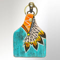 Hand-Painted Leather Keyring   Native Feather Design in Turquoise & Orange
