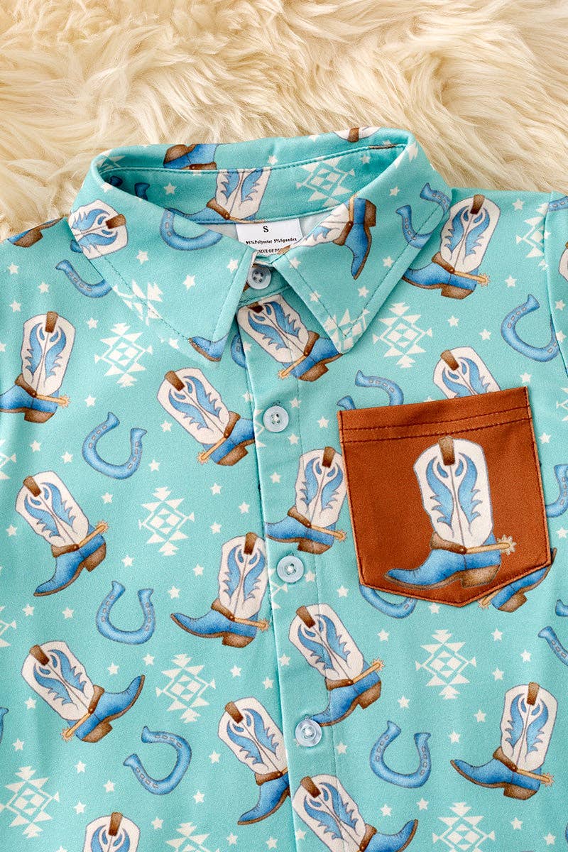 Aqua western boot printed button up shirt with side pocket.