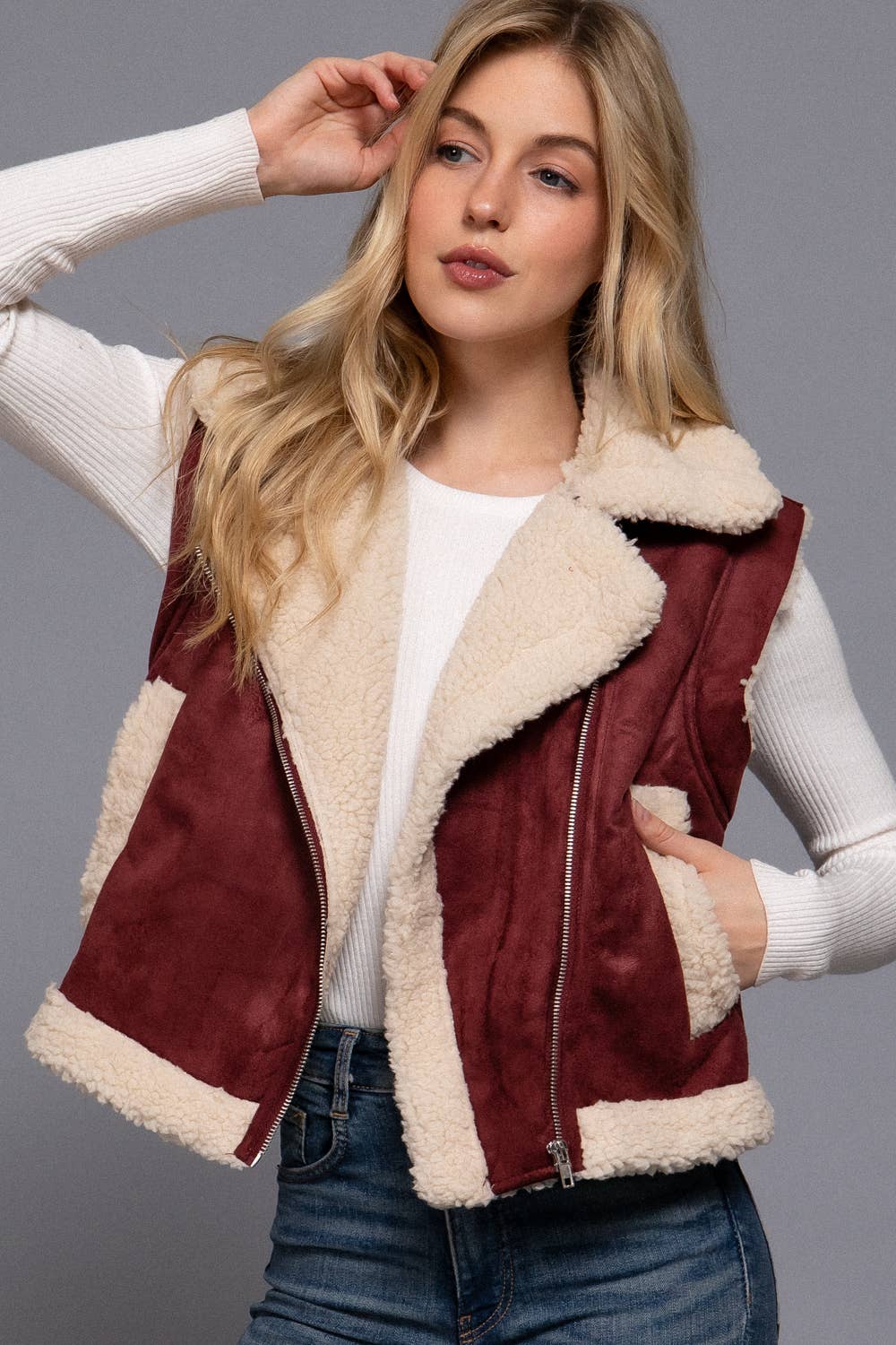 Faux Suede Inner Fur Zip Up Vest