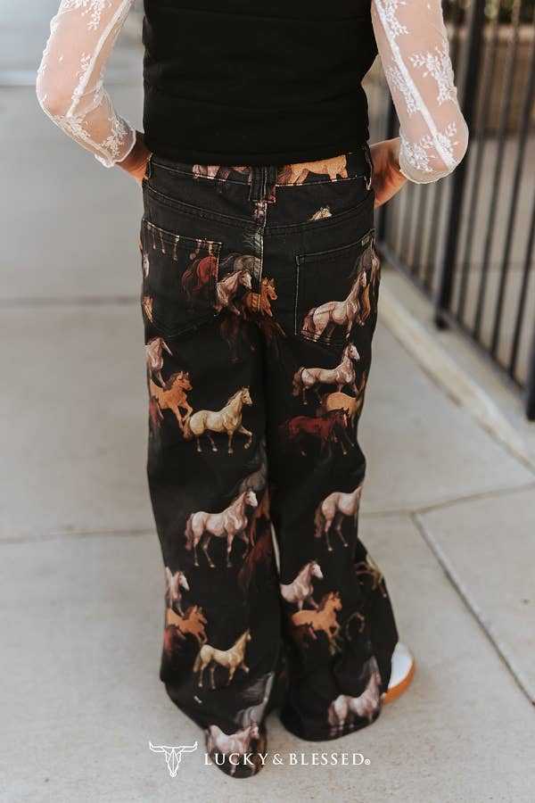 Girls Running Horse High Rise Stretch Denim Wide Leg Jeans