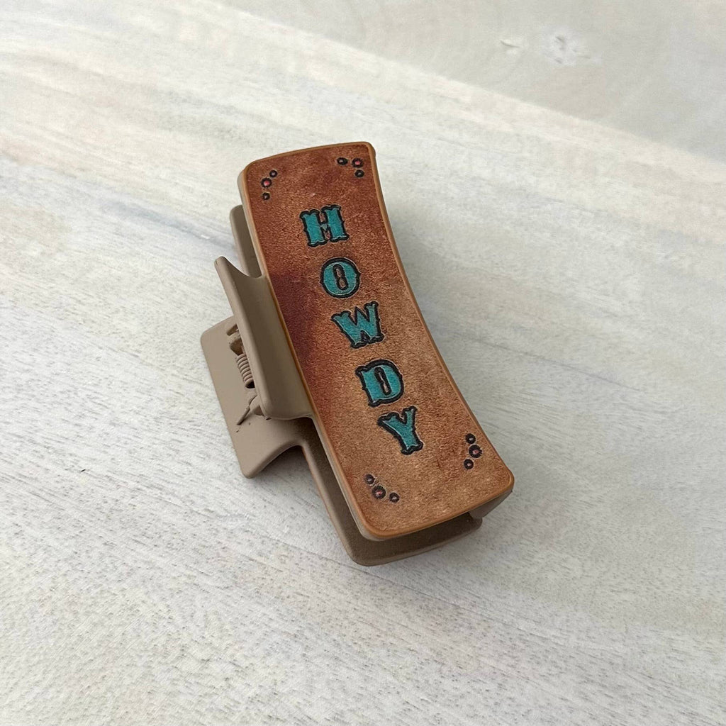 Western Hair Clip Leather Claw Blue "Howdy"