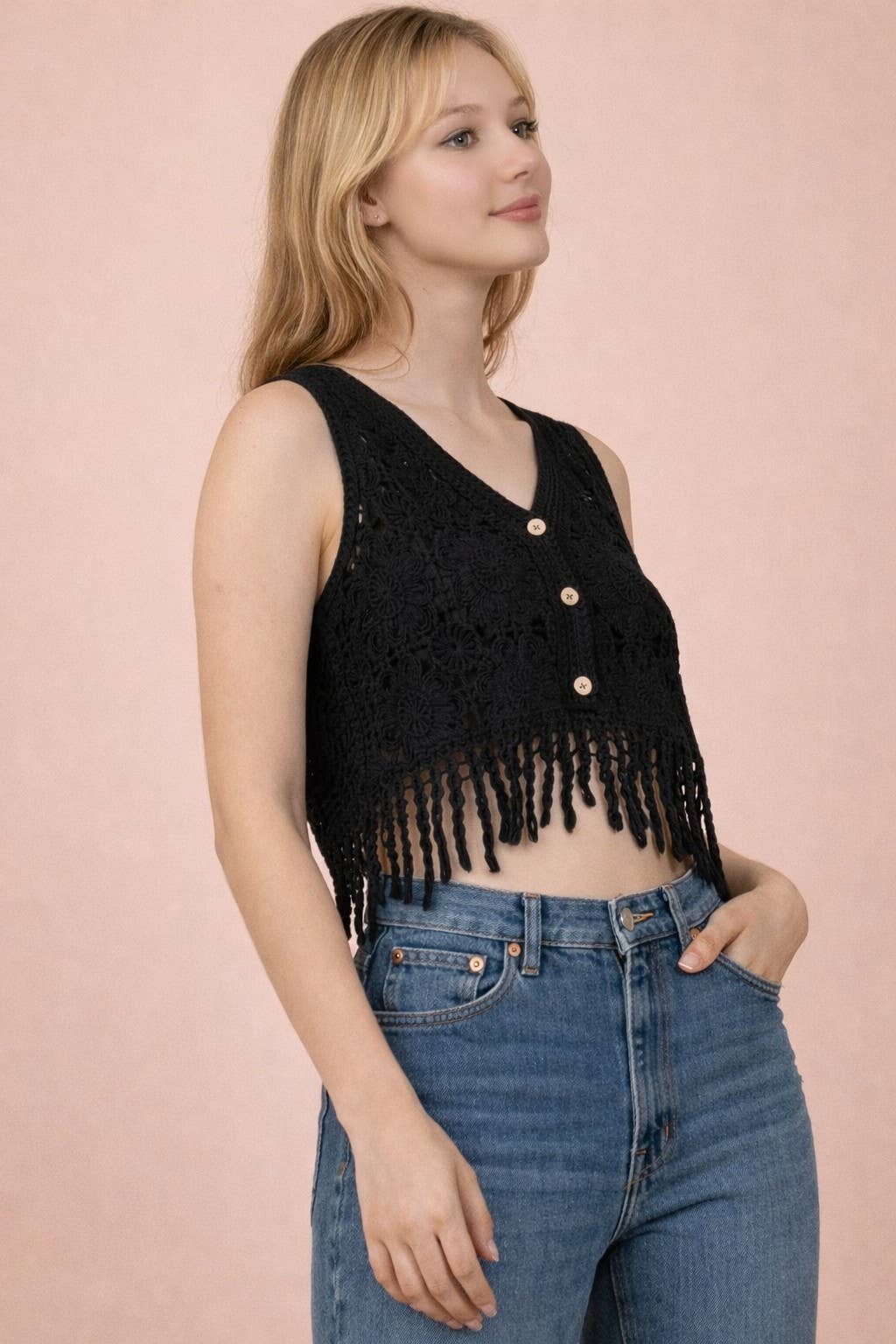 NT12528-Fringe Hem Floral Crochet Sleeveless Top