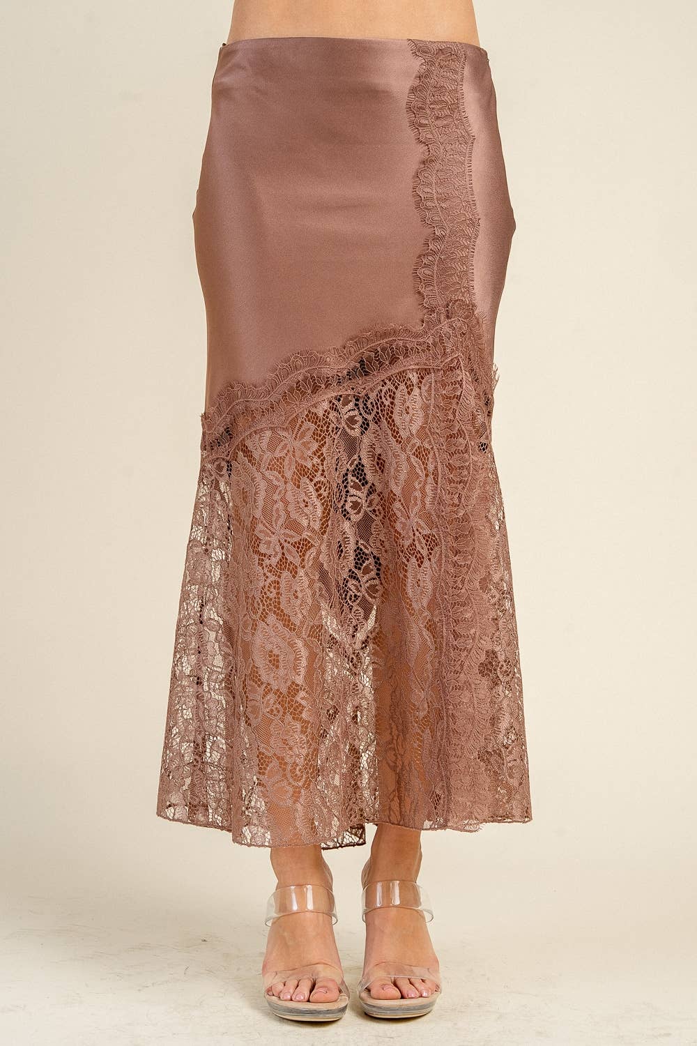 SATIN MIDI SKIRT W/ LACE TRIM DETAIL
