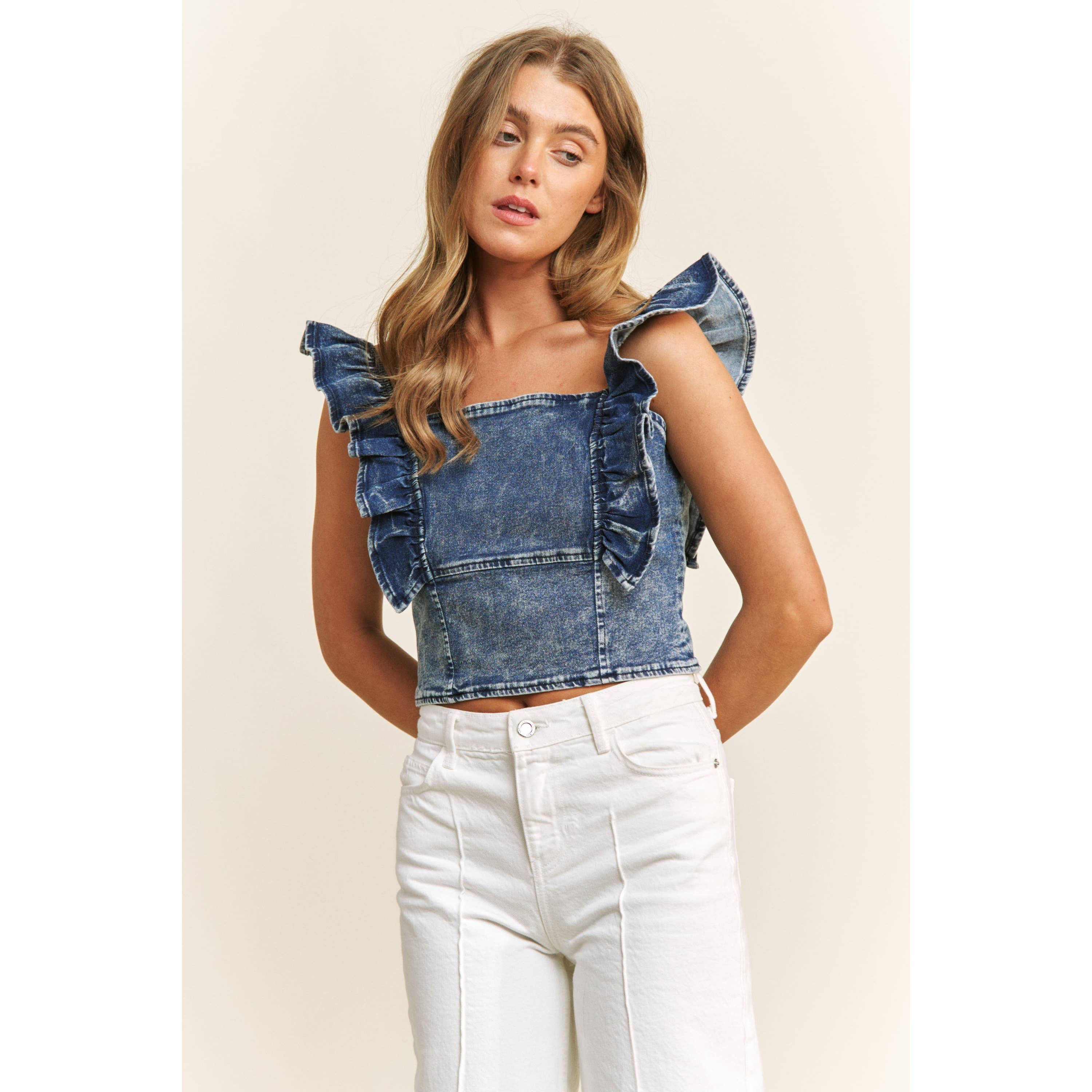 DENIM SQUARE NECK RUFFLE SLEEVES FITTED CROP TOP