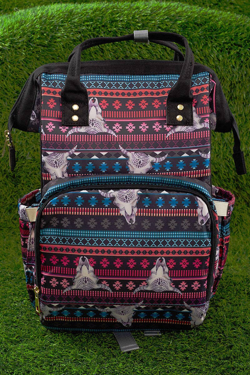 Bull skull with geometric print diaper bag.