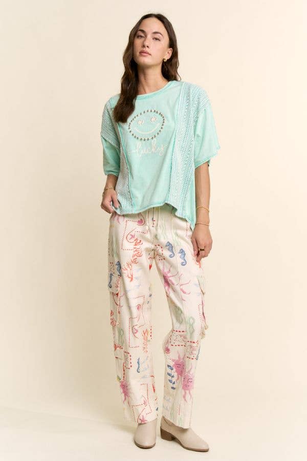 Lucky Smiley Pearl Embellished Boxy Tee