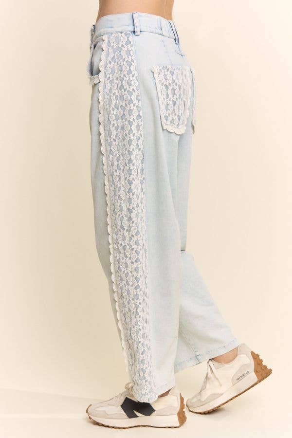 High-Waist Lace-Trim Baggy Jeans