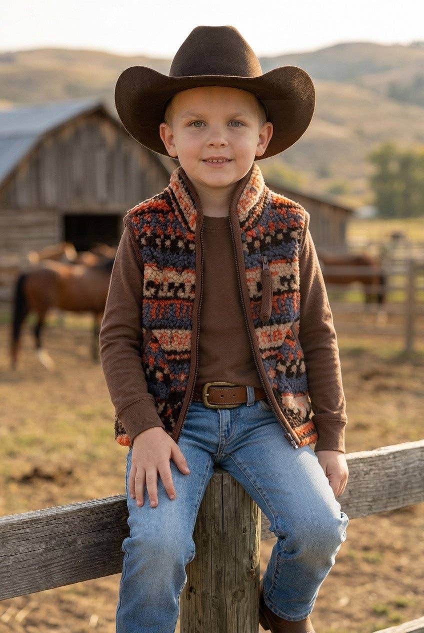 Orange and brown sherpa vest.