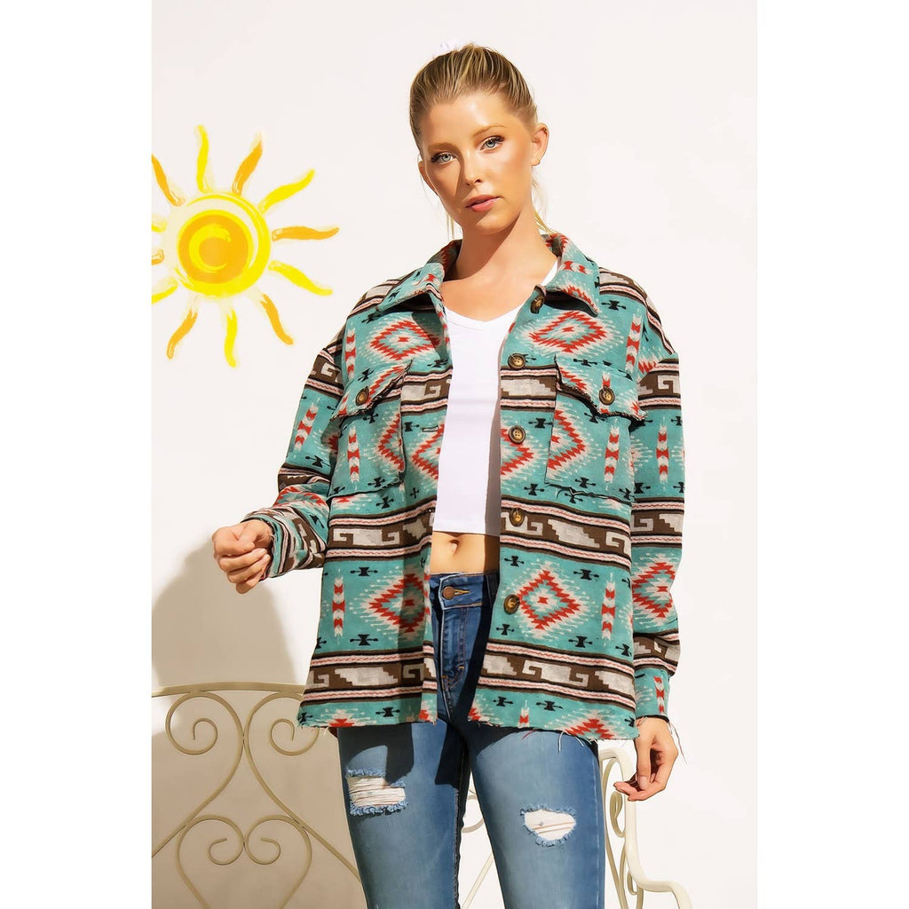 TRIBAL AZTEC PATTERN BUTTON DOWN SHIRT JACKET