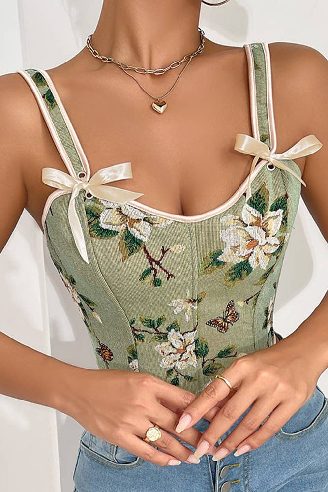 French Bow Tie Floral Print Slim-Fit Tank Top