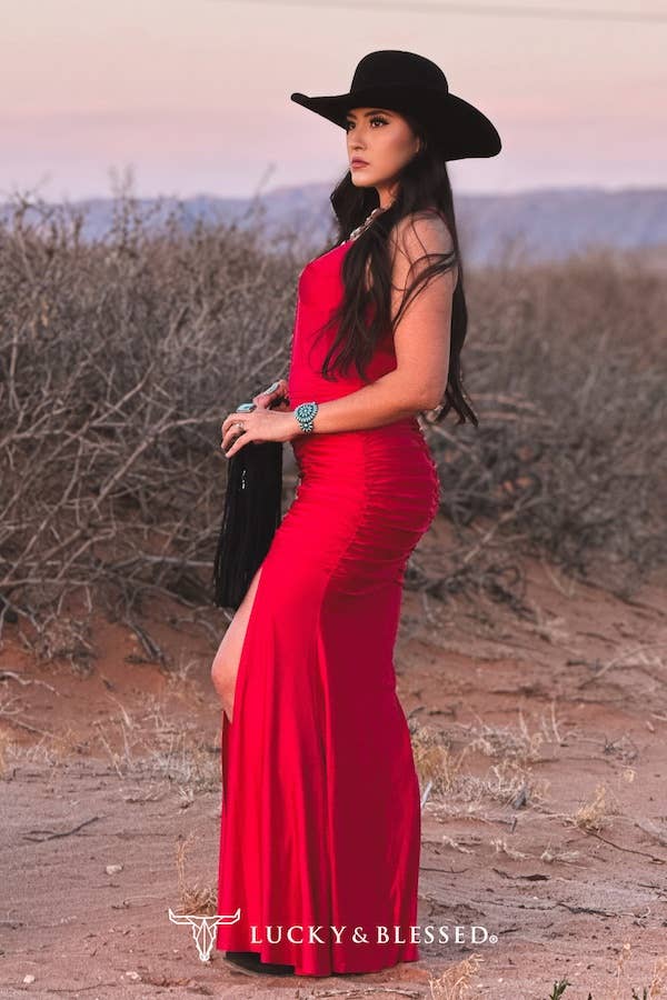 Red Corset Ruched Spaghetti Strap Front Slit Dress