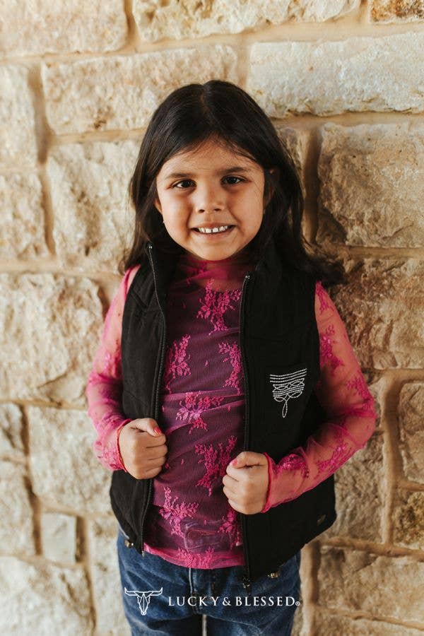 Girls Black Puffer W Boot Stitch Detail Vest