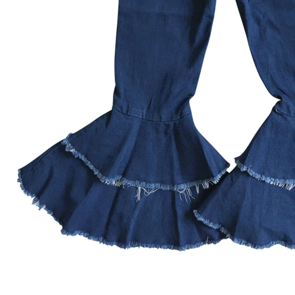 Baby girls navy double ruffle bell pants denim jeans