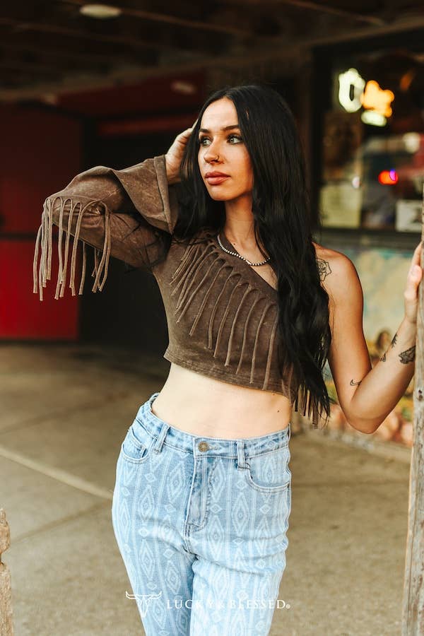 Dark Brown Mineral Wash Fringe Detail Crop Top