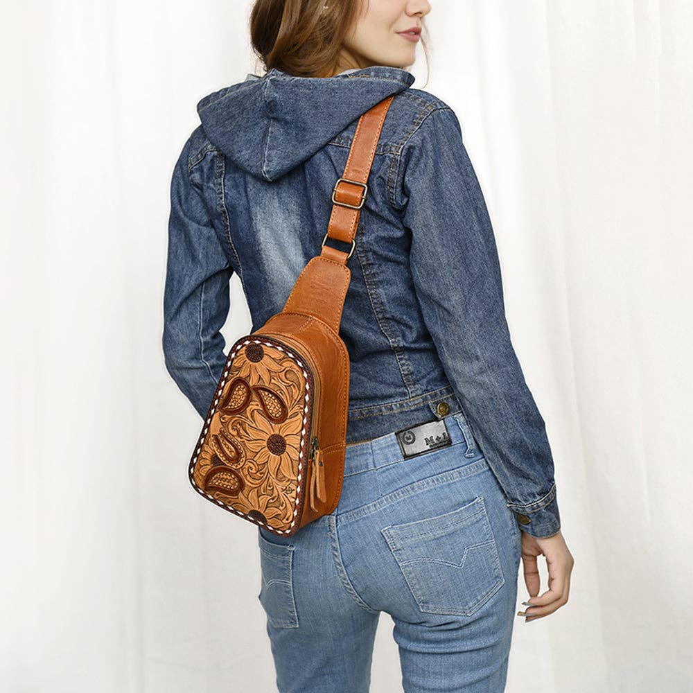 American Darling Western Leather Sling Bag with Hand-Tooled Floral Carving Genuine Leather