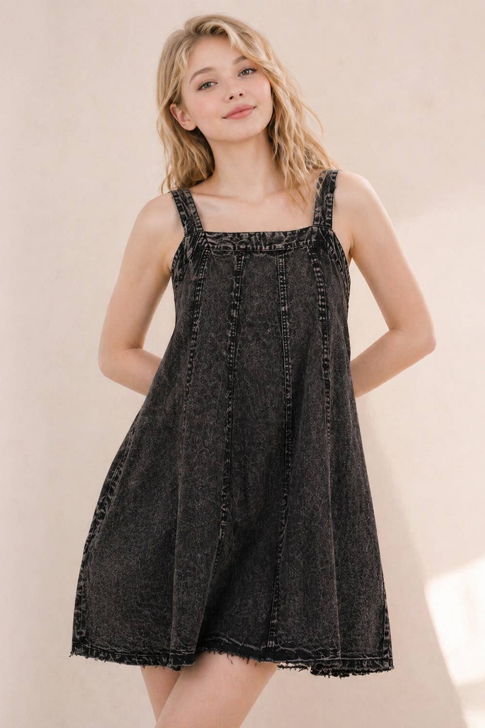 Washed Denim Mini Dress W/ Back Tie