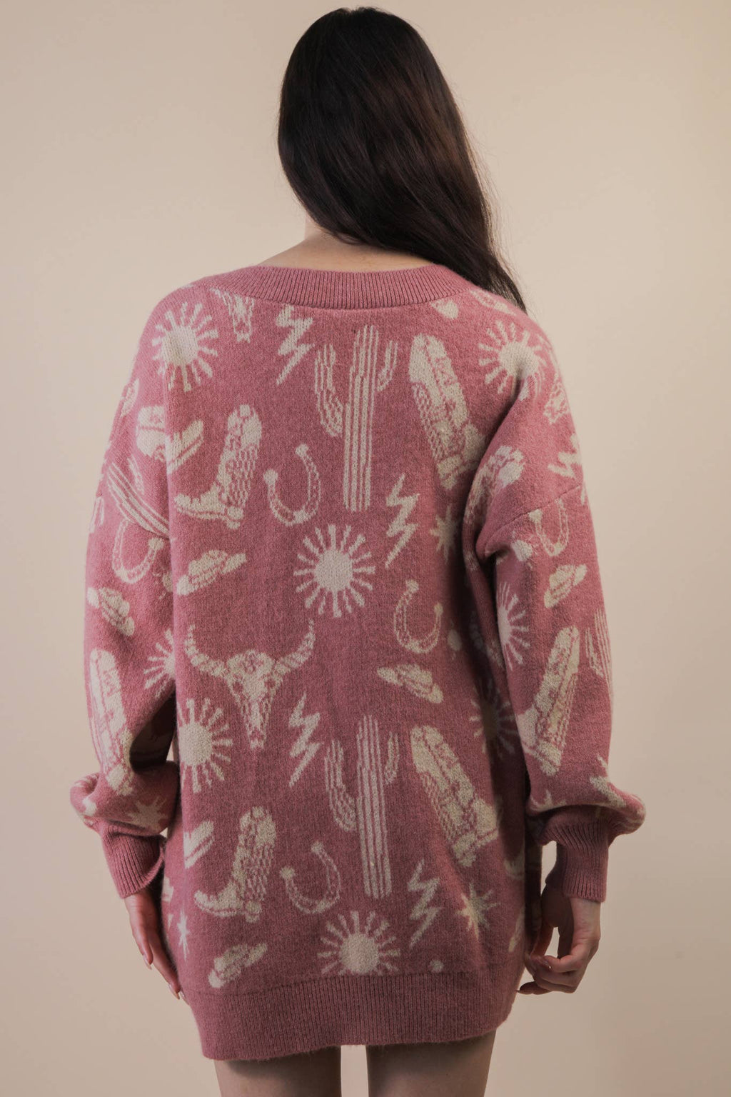 Oversized Western Graphic Knit Sweater Cardigan