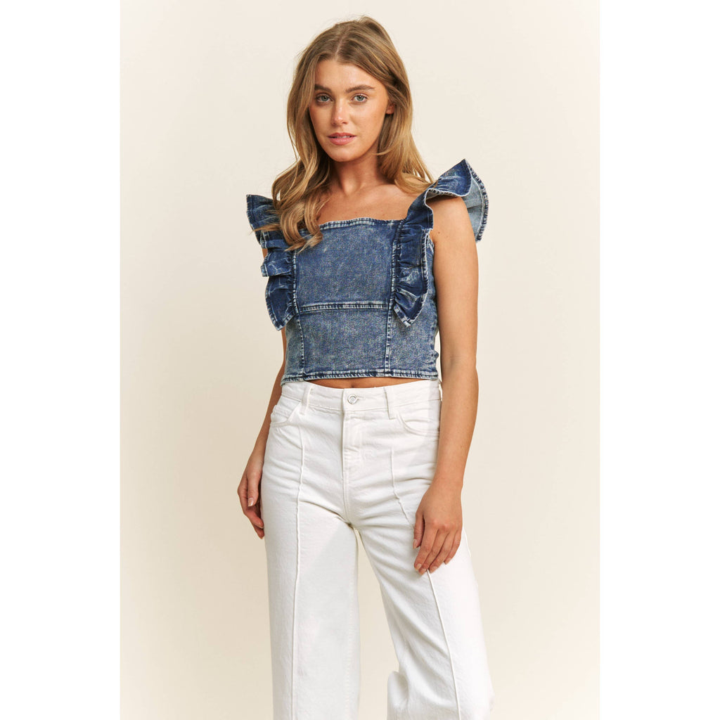 DENIM SQUARE NECK RUFFLE SLEEVES FITTED CROP TOP