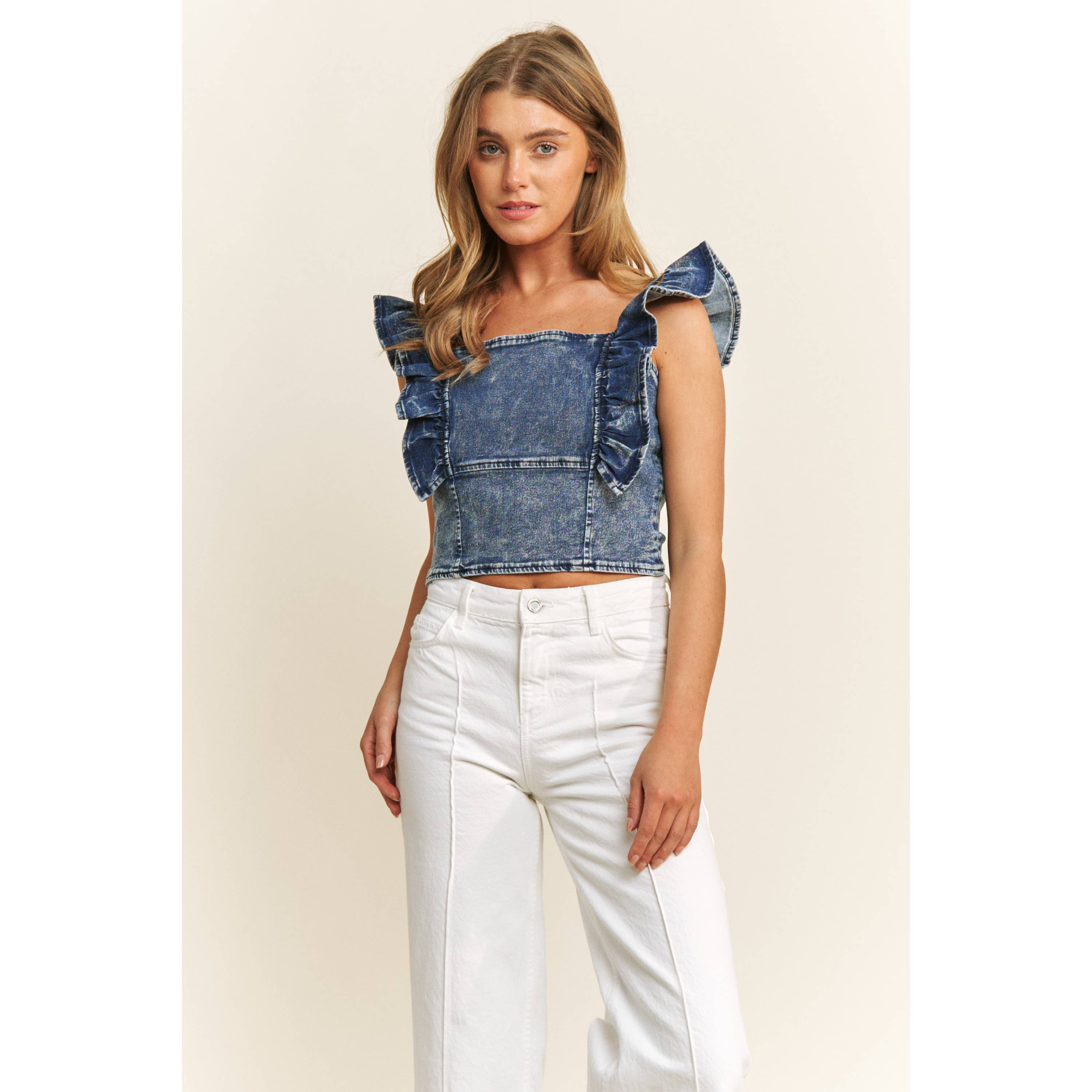 DENIM SQUARE NECK RUFFLE SLEEVES FITTED CROP TOP