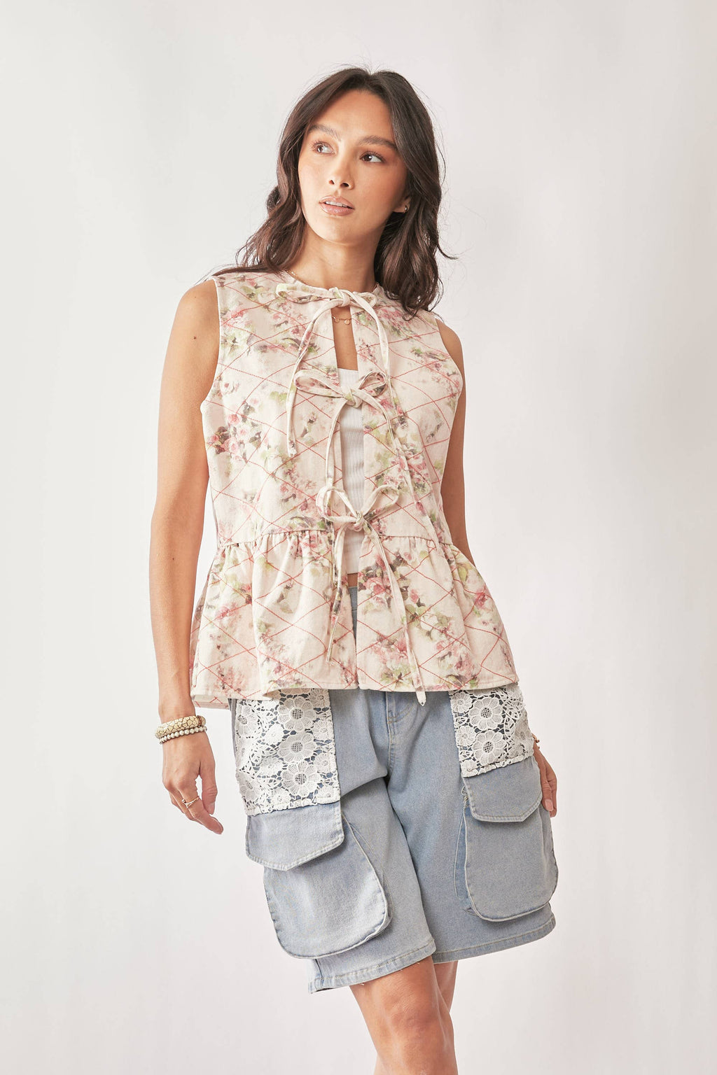 Garden Floral Print Tie Front Peplum Vest Top